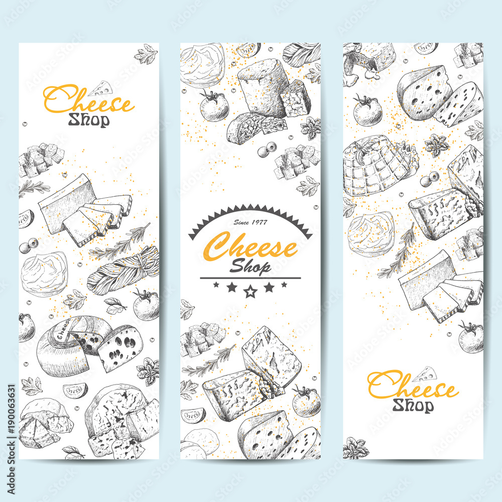 Vertical banners with a variety of cheeses
