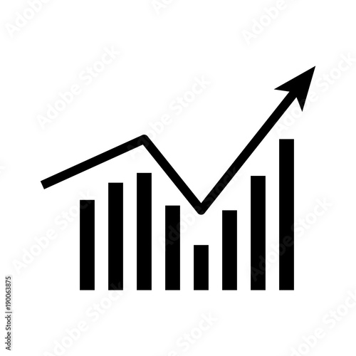 Business graph icon isolated on white background. Downside trend graph, bar chart image with arrow down. Vector illustration for banner, template, poster, postcard, web, app