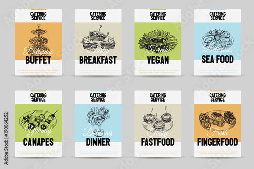 Obraz na plátně Beautiful vector hand drawn catering service food card set.