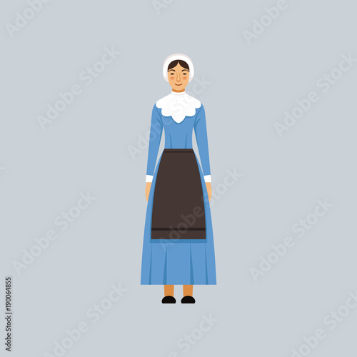 Mennonite or amich woman in traditional blue dress, representative of religious confession vector Illustration
