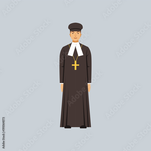 Catholic priest in black soutane, representative of Protestantism religious confession vector Illustration