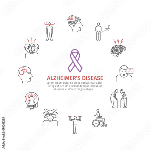 Alzheimer's disease and dementia. Symptoms, Treatment. Line icons set. Vector signs.