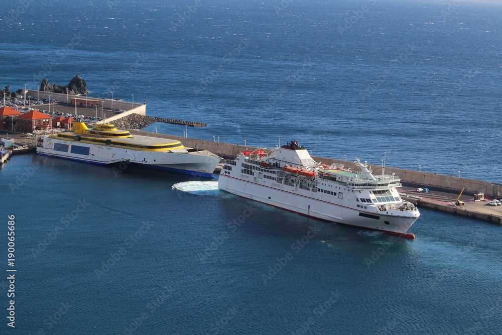 Aerial view on two Atlantic ocean island ferries in seaport, San Sebastian, La Gomera