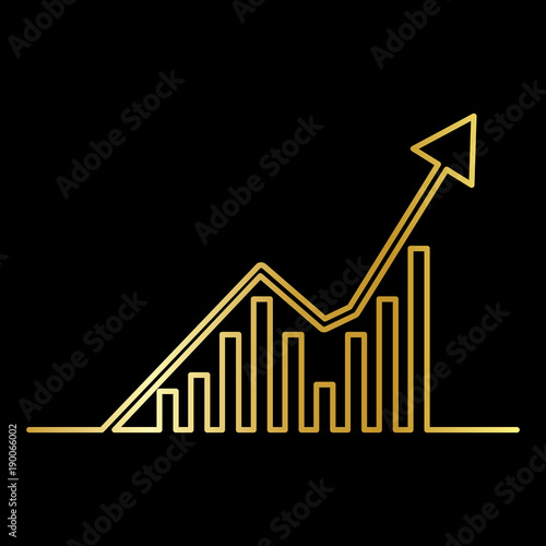 Continuous Gold  line drawing of graph icon isolated on black background. Growing chart image with arrow up. Vector illustration for banner, template, poster, postcard, web, app, infographics.