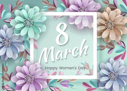 Abstract Festive Background with Flowers and Frame. Happy Women s Day March 8th. Space for text. Paper cut Floral Greeting Card. Trendy Design. Vector illustration