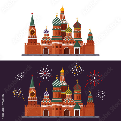 Welcome to Russia. St. Basil s Cathedral on Red square. Kremlin palace isolated on white background and night with fireworks - vector stock flat illustration. Landscape design