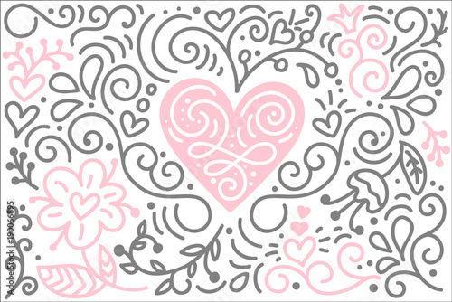Scandinavian folk heart vector with flowers and flourish - Valentines Day, wedding, birthday greeting card