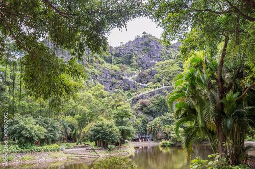 View on the stairs leading to the top pagoda of Hang Mua temple, Ninh Binh, Vietnam