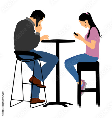 Couple in love on date. Boyfriend and girlfriend sitting in cafe pub. Young woman and man with smart phone, social connection by network. Blind date. dependence on mobile phone. Urban public scene.