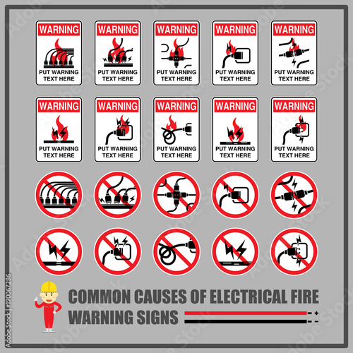 Set of safety warning signs and symbols for causes of common electrical fires, Signs for warning messages of using electrical equipment safely.