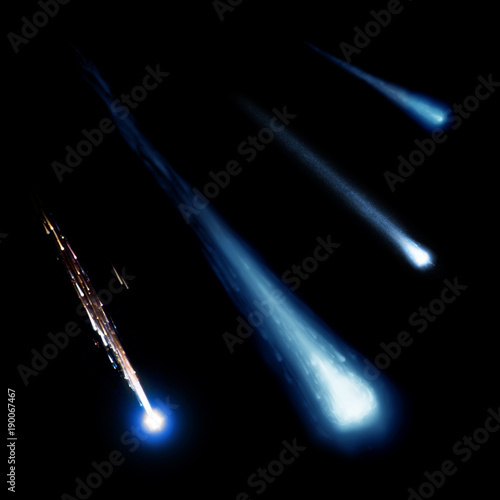 Blue meteor and comets collection isolated on black background. Elements of this image furnished by NASA.