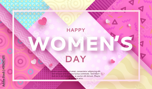 Trendy geometric women s day banner, 8 march poster in modern 90s - 80s memphis style with paper art or origami elements, patterns, silhouettes, colorful vector illustration, fashion background photo