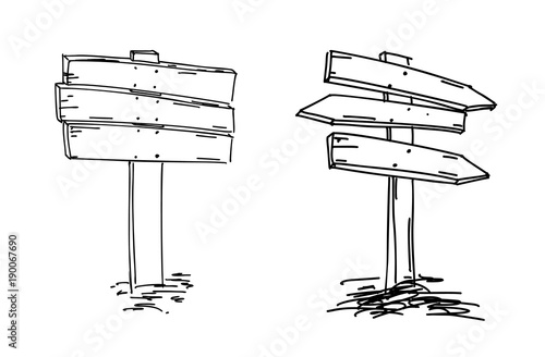 Double arrows. Hand drawn sketch. Vector illustration. Direction sign. Doodle sketch of wooden indicators. Pointer. Find your way