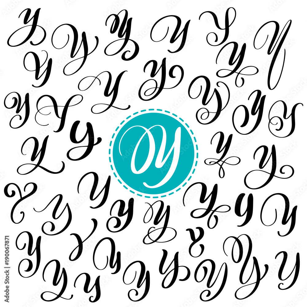 Set of Hand drawn vector calligraphy letter Y. Script font. Isolated letters written with ink. Handwritten brush style. Hand lettering for logos packaging design poster