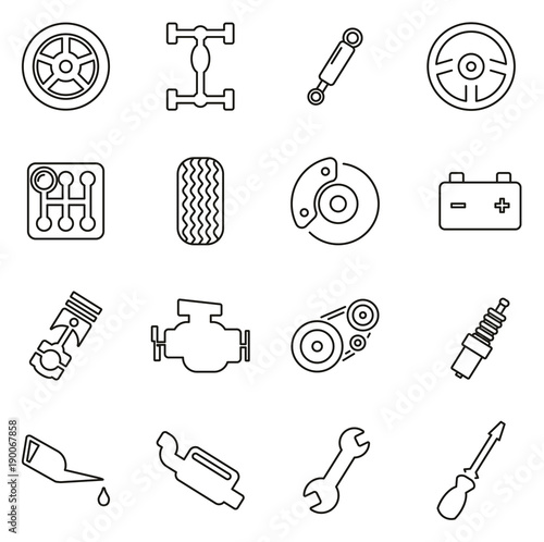 Car Mechanic or Car Parts Icons Thin Line Vector Illustration Set