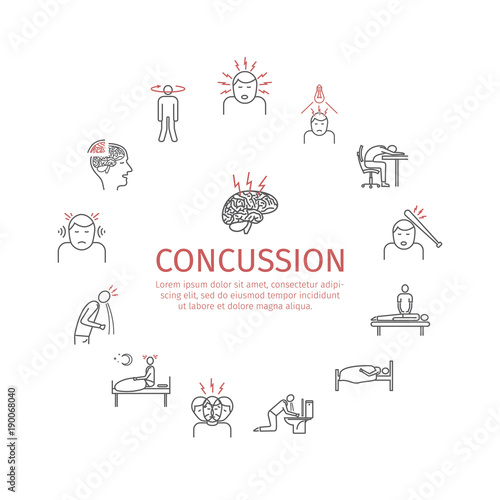 Concussion. Symptoms, Treatment. Line icons set. Vector signs for web graphics.