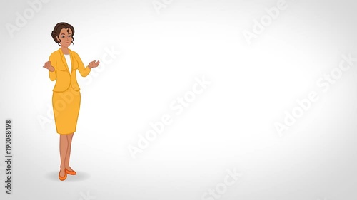 Animated Character Secretary or Teacher (swarthy skin) stands in full growth and says, white background, with alpha matte, seamless loop