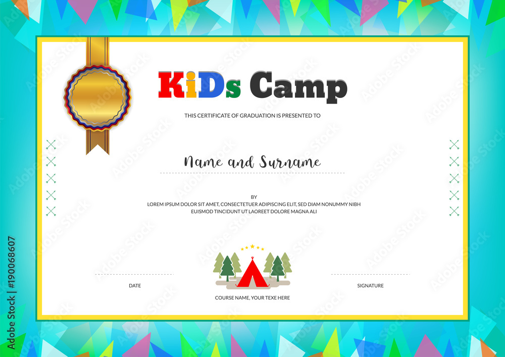 Kids Summer Camp Diploma or certificate template with colorful