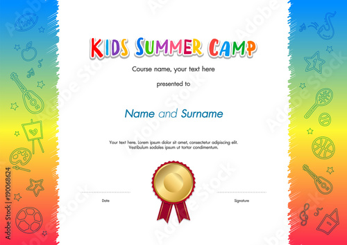 Kids Summer Camp Diploma or certificate template award seal with fun activities border