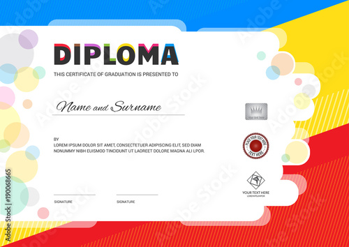 Kids Summer Camp Diploma or certificate template with seal space on colorful background