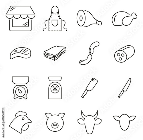 Butcher Shop or Meatman Icons Thin Line Vector Illustration Set