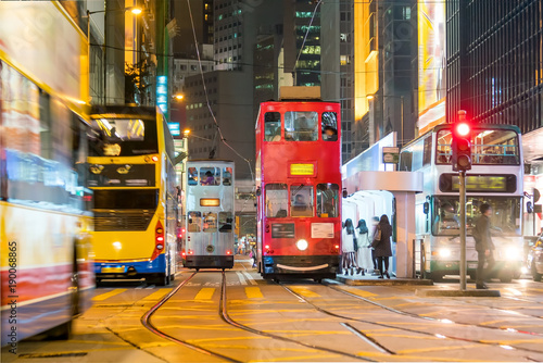 Traditional tramways cars in downtown Central, Hong Kong