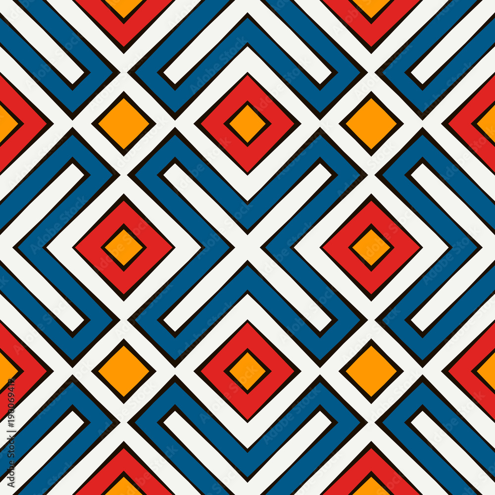 African style seamless pattern in bright colors. Ethnic and tribal motif. Repeated rhombuses abstract background. African style seamless pattern in bright colors. Ethnic and tribal motif. Repeated rhombuses abstract background.