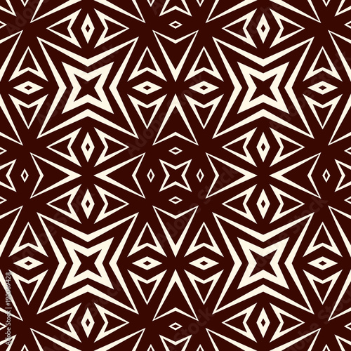 Outline seamless pattern with geometric figures. Repeated stylized stars abstract background. Ethnic and tribal motif