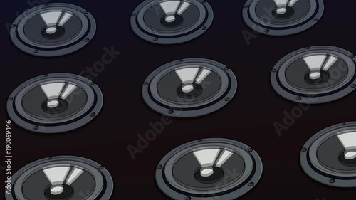 2D Animated background, several black speakers actively play music. Animation looped.