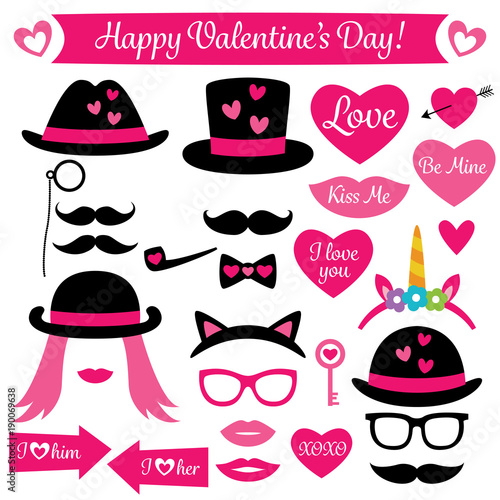 Photo booth props for Valentines Day, isolated design elements