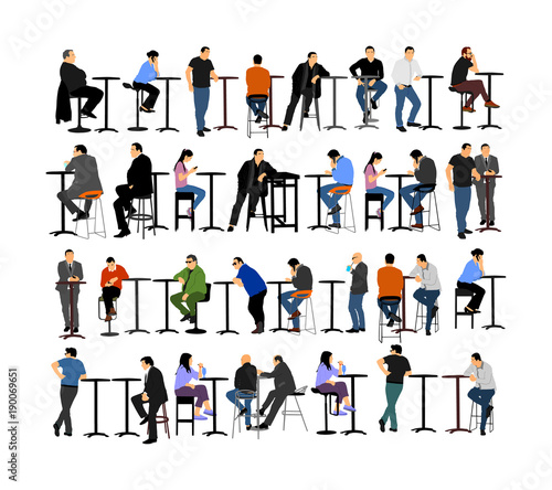People sitting and waiting in public bar vector illustration. Friends drinking. Night club guests, urban life. Snack bar on the street. Break relaxation dating after work in restaurant.