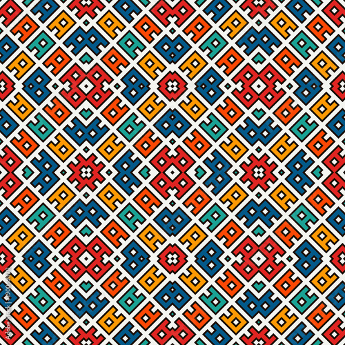 Seamless pattern design with ethnic ornament. Embroidery motif. Ancient ornamental wallpaper. Repeated geometric forms.