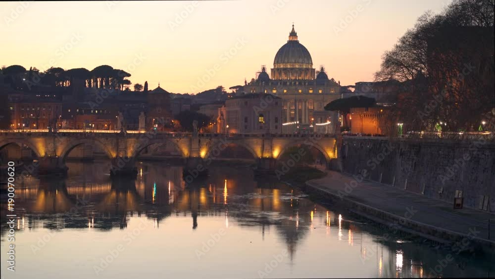 Rome Vatican St.peter basilica after sunset view of river Tiber and Saint Angelo bridge 4k Rome Vatican St.peter basilica after sunset view of river Tiber and Saint Angelo bridge 4k