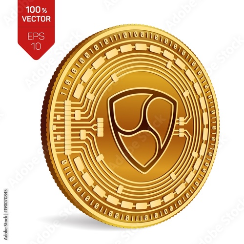 Nem. Crypto currency. 3D isometric Physical coin. Digital currency. Golden coin with Nem symbol isolated on white background. Vector illustration.
