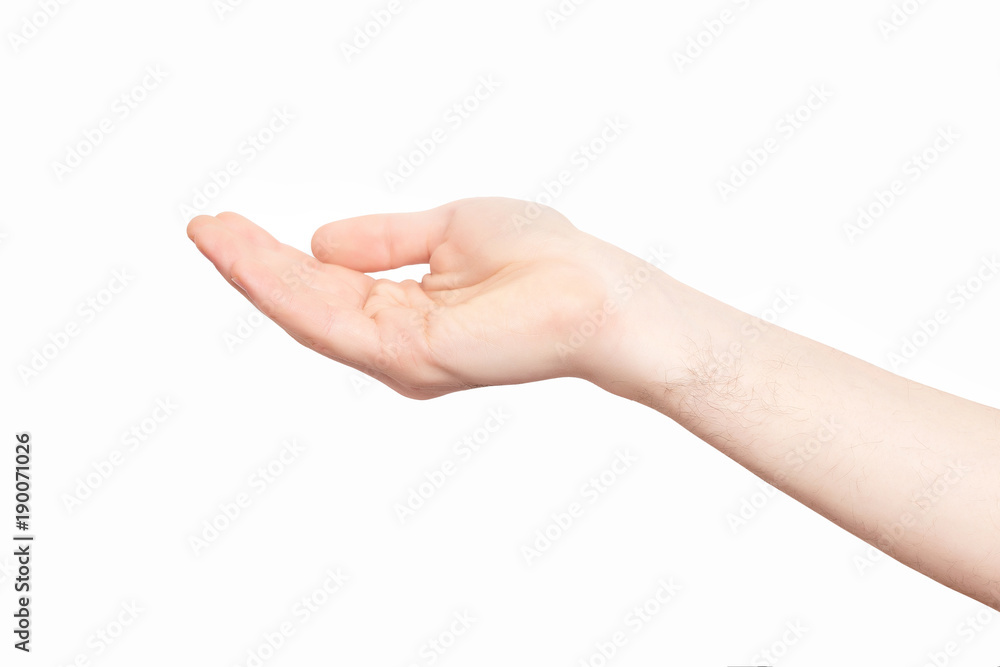 Closeup empty male hand making holding gesture isolated at white background.