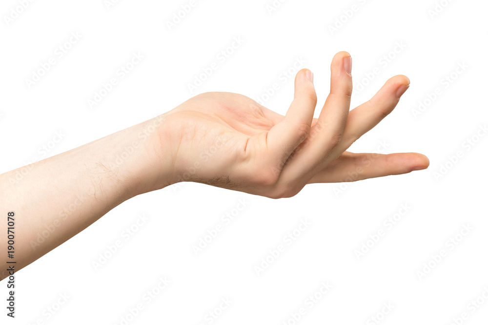 CLoseup mockup of male caucasian hand making holding gesture with opened palm isolated at white background. CLoseup mockup of male caucasian hand making holding gesture with opened palm isolated at white background.