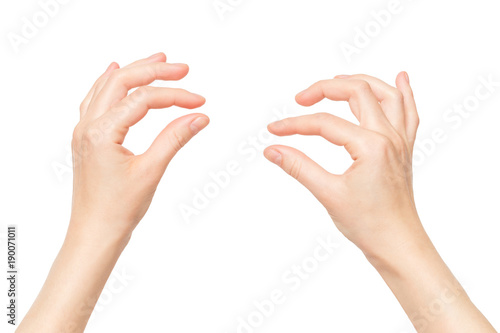 Closeup mockup of female hands making picking gesture isolated at white background.