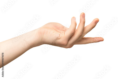 CLoseup mockup of male caucasian hand making holding gesture with opened palm isolated at white background.