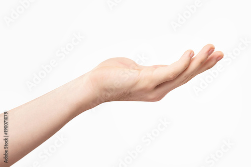 Closeup empty male hand making holding gesture isolated at white background.
