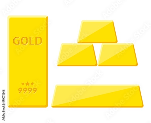 Gold bar isolated on white background. Golden bullion view from different sides. Vector illustration