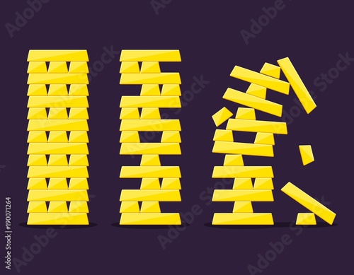 Tower games with gold bars. Game golden tower block stack balance risk puzzle. Vector illustration