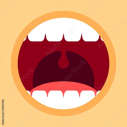 Open mouth with teeth and tongue. Screaming mouth cartoon in flat style. Vector Illustration