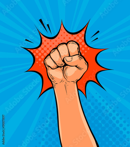 Raised up clenched fist drawn in pop art retro comic style. Cartoon vector illustration