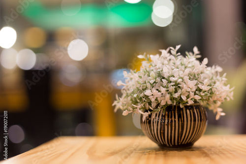 White plastic flowers in pots on the table.