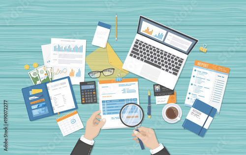 Businessman auditor inspects financial documents. Man's hands with magnifying glass above graphics and charts. Research, auditing, management, planning, accounting, analysis, data. Vector.