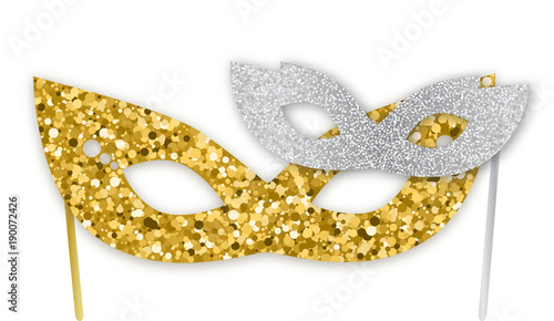 Mardi Gras, Purim gold and silver glitter masks isolated on white background, vector illustration. Realistic sparkling mask, graphic design elements for banners, flyers, party invitations.