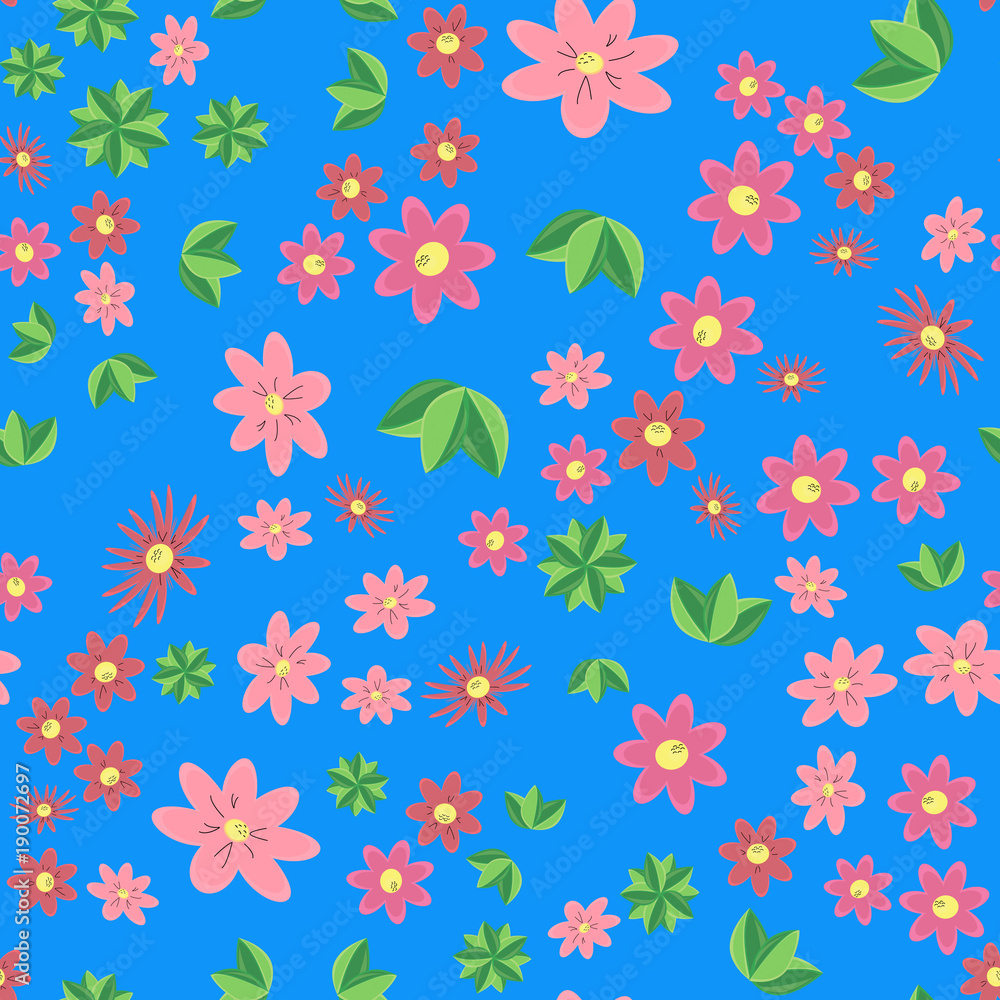 Pink flowers on a blue background, style flat. Seamless vector illustration.