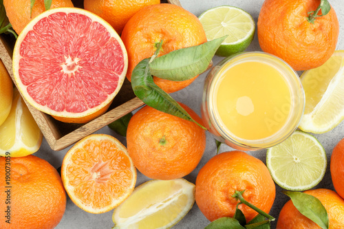 Fresh fruits. Citrus background. Mandarin  grapefruit  lime  tangerine  lemon. Top view