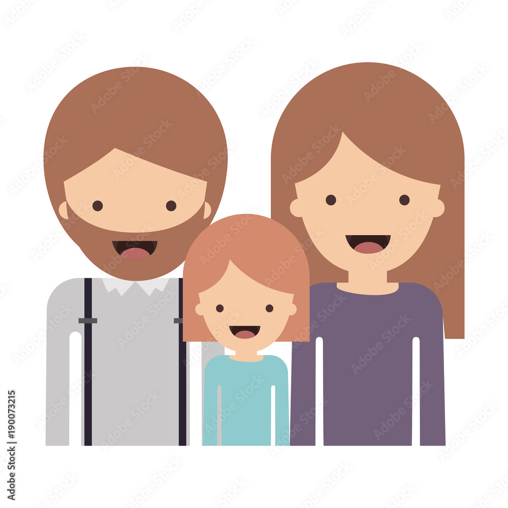 half body people with man with beard and girl and woman with long straight hair in colorful silhouette without contour vector illustration