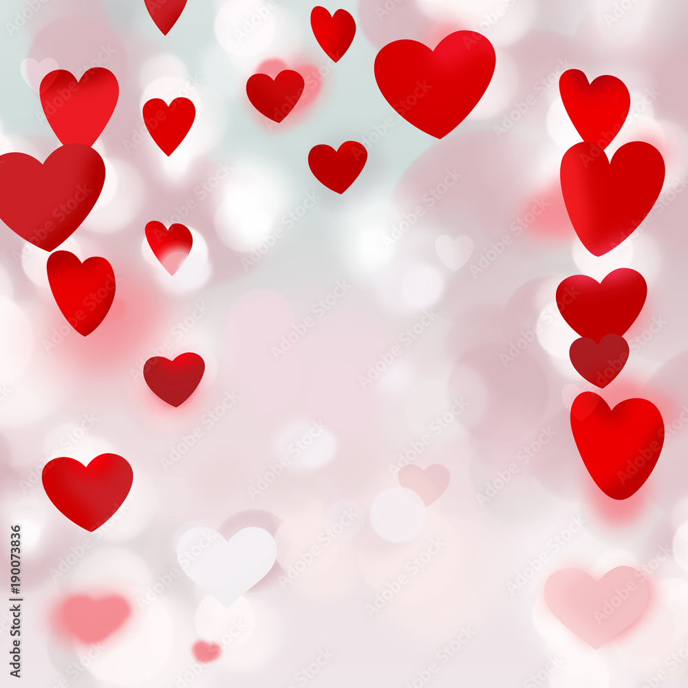 Big and small red hearts on Valentines day with faded white hearts on 

light blue and pink background